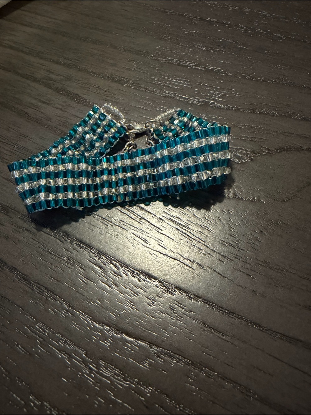 Teal and Silver Striped Beaded Bracelet for Women